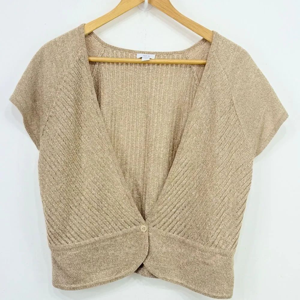 Apt. 9 Gold Metallic Tab Knit Deep V Short Sleeve Holiday Cardigan Vest Sweater